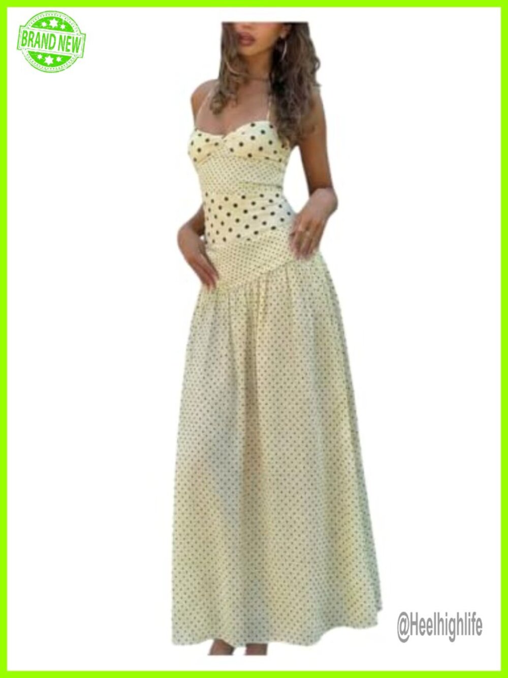 Halter Maxi Dress Flowy A Line Cami Sundress Polka Dots